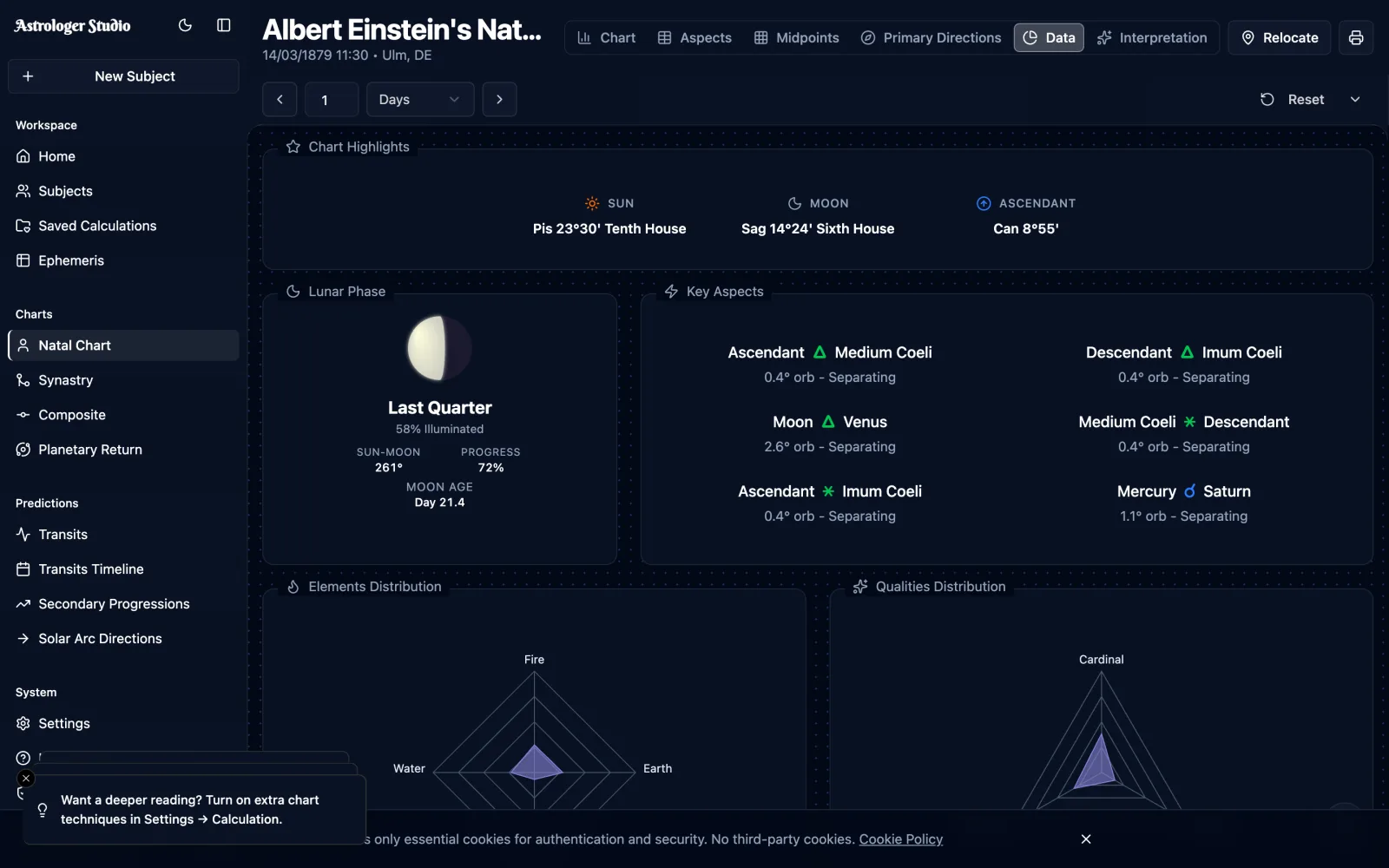 Complete Chart Analysis — Every chart carries a full Data tab — positions, aspects, distributions — and your subjects live in an organized client database, a search away.