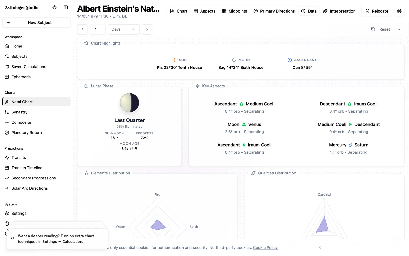 Complete Chart Analysis — Every chart carries a full Data tab — positions, aspects, distributions — and your subjects live in an organized client database, a search away.
