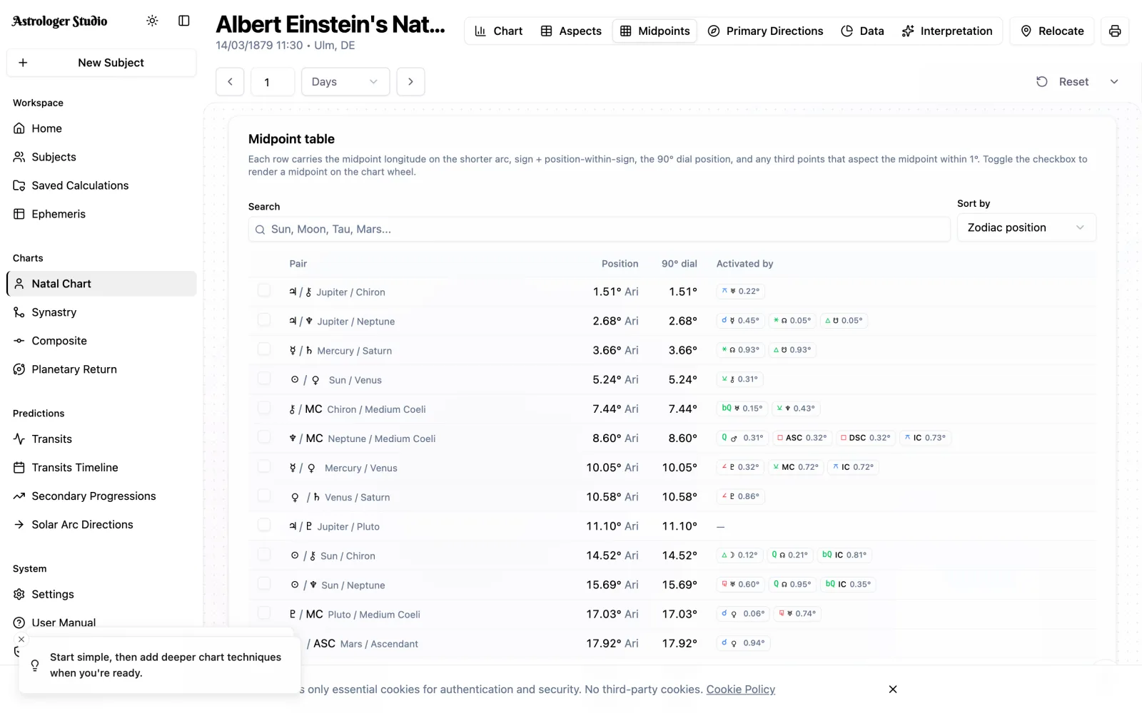 Configurable Midpoints — A complete midpoint layer with active-midpoint highlighting and user defaults — available across natal, transit, synastry and predictive charts.