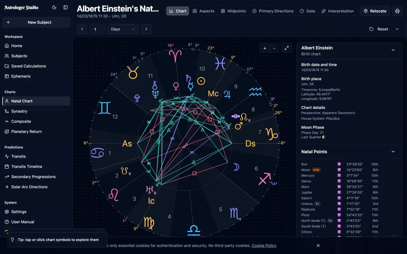 Astrologer Studio — interactive natal chart with aspects, planetary positions and chart data