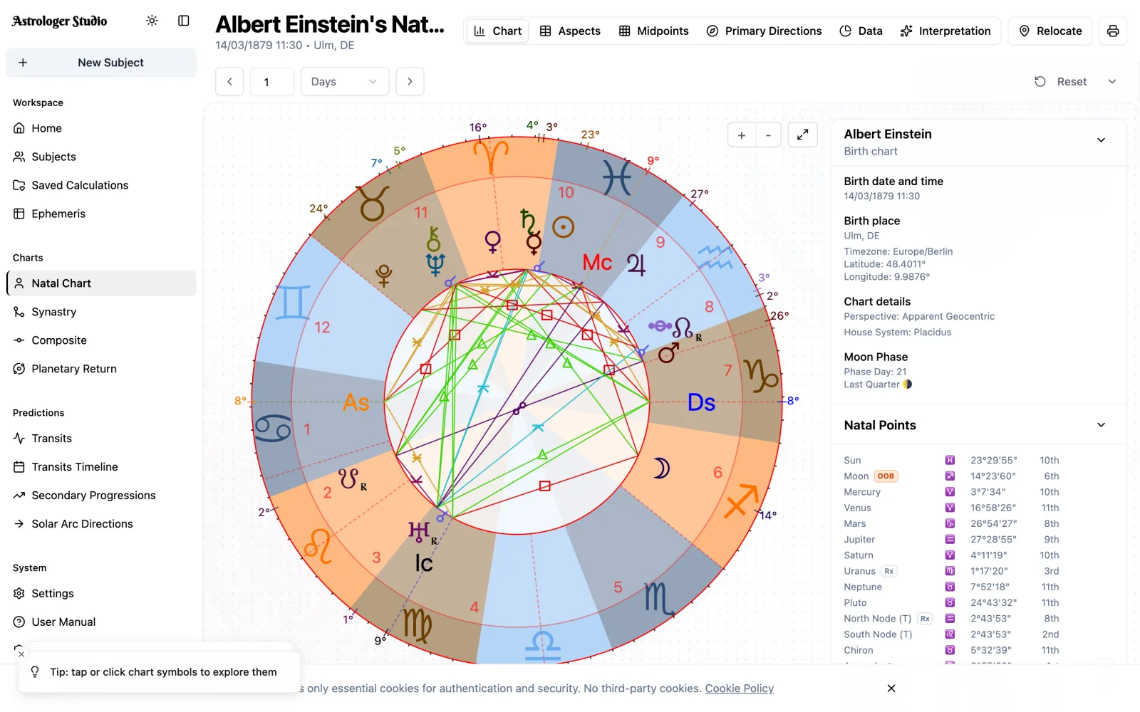 Astrologer Studio — interactive natal chart with aspects, planetary positions and chart data