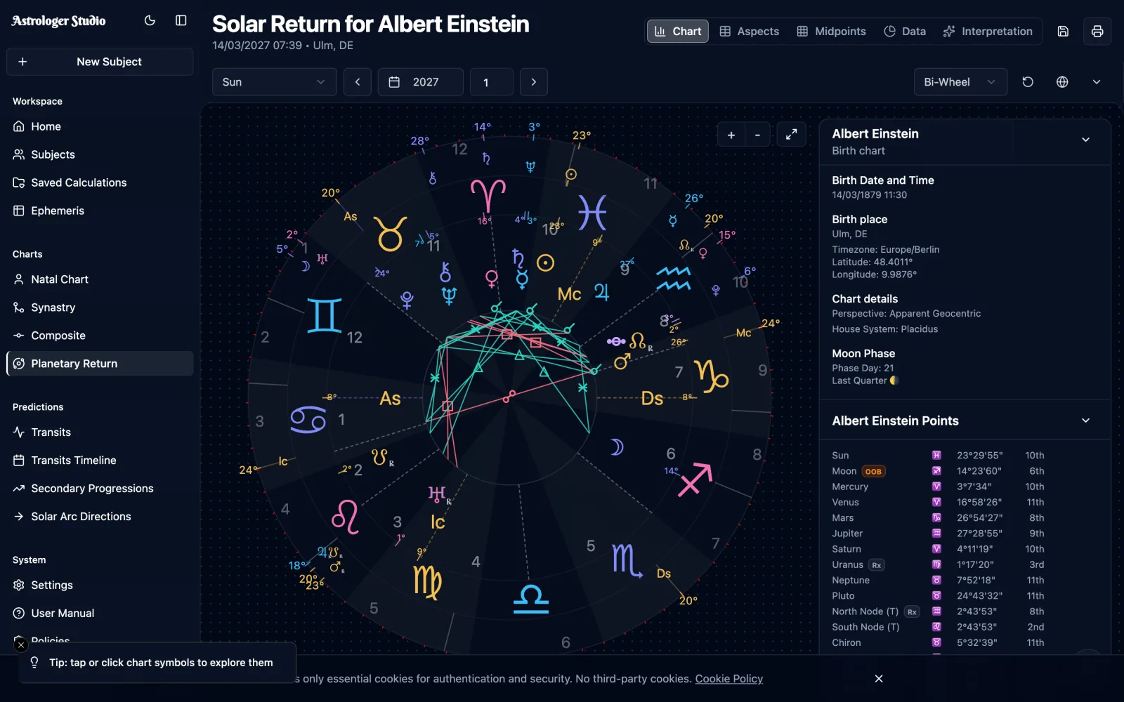 Solar & Lunar Returns — Cast solar, lunar and planetary return charts for any year, with relocation support and precise timing down to the exact return moment.