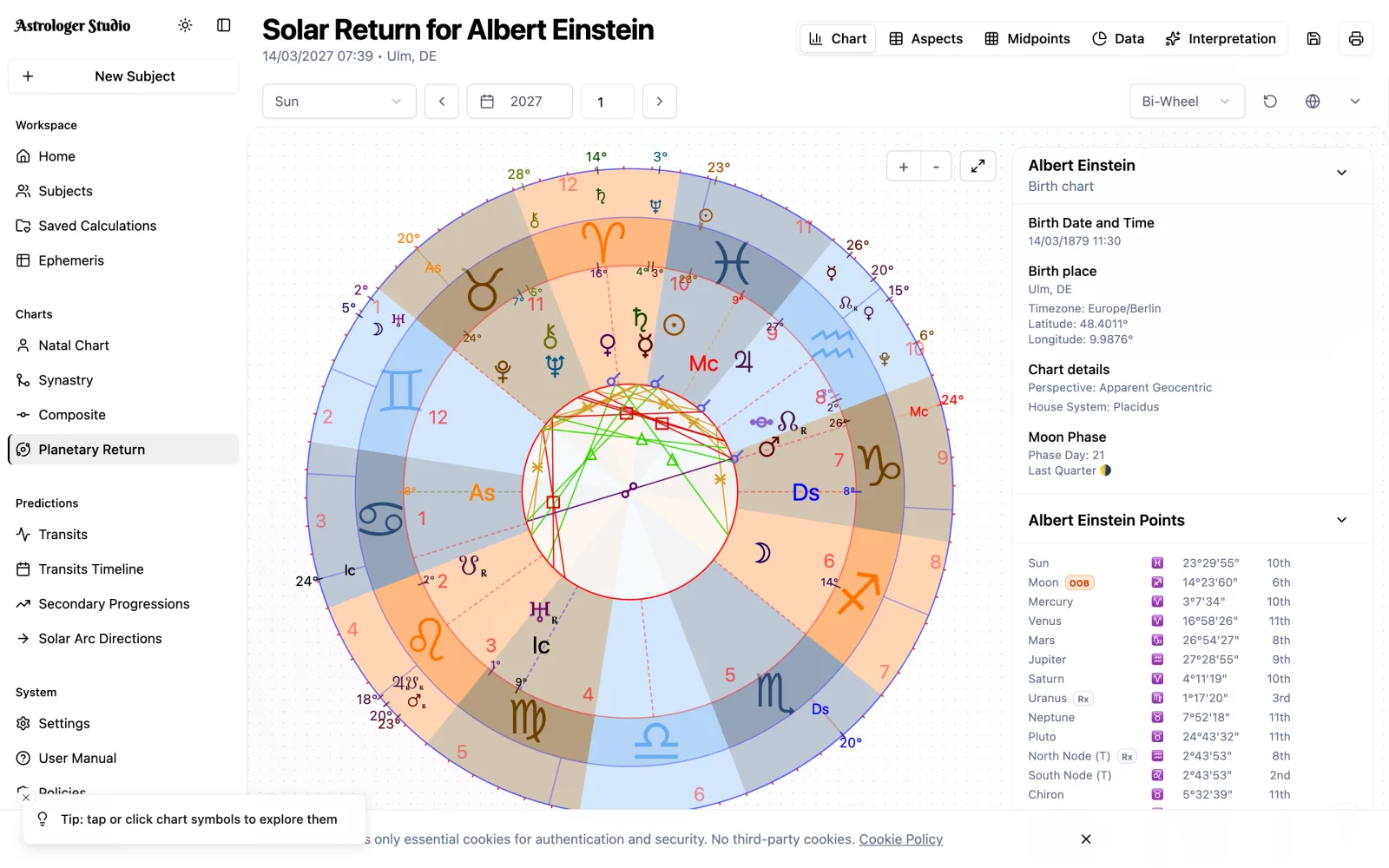 Solar & Lunar Returns — Cast solar, lunar and planetary return charts for any year, with relocation support and precise timing down to the exact return moment.