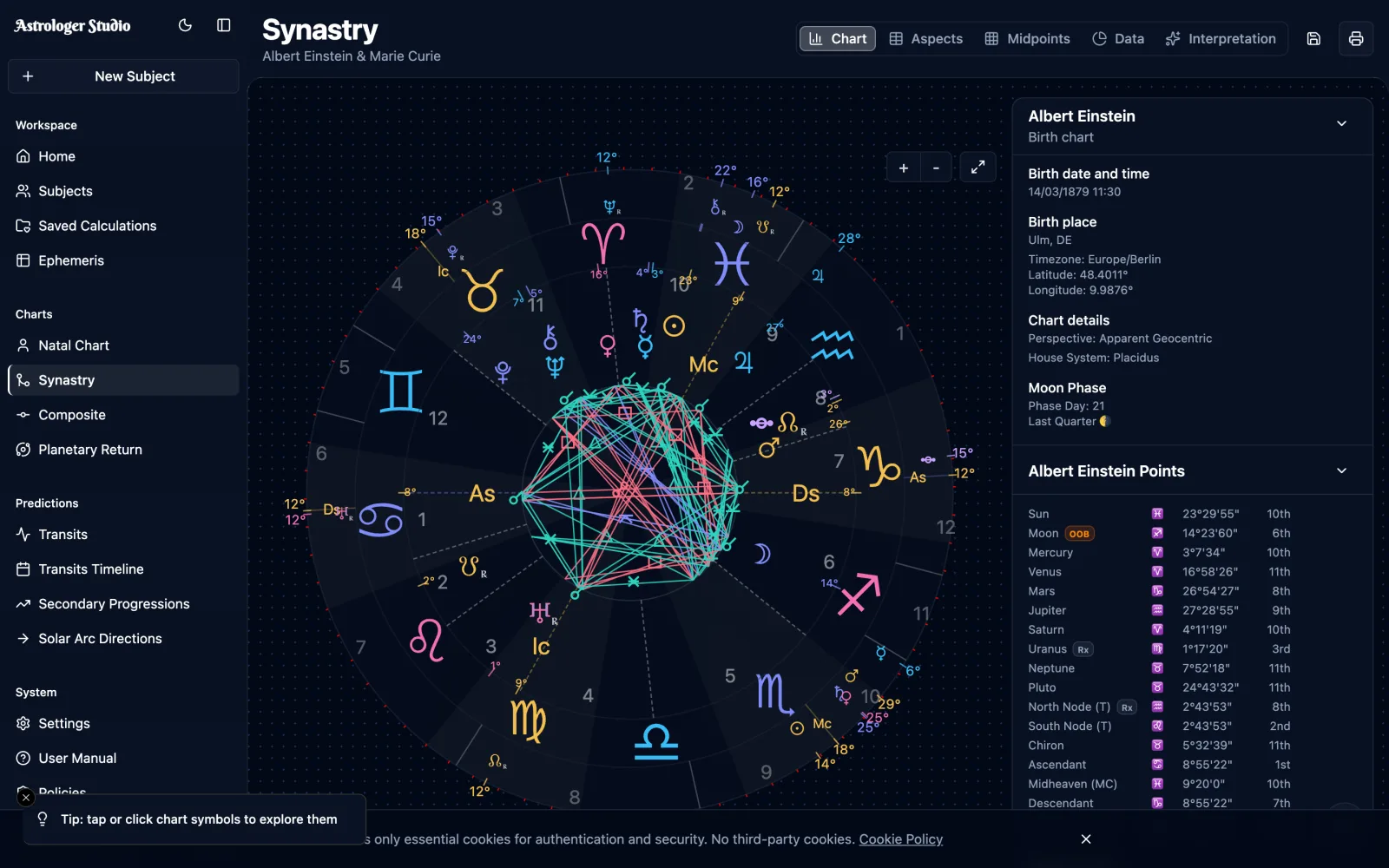 Synastry & Composite — Compare two charts with a clear biwheel and a full cross-aspect grid, or study the relationship itself with a composite midpoint chart.