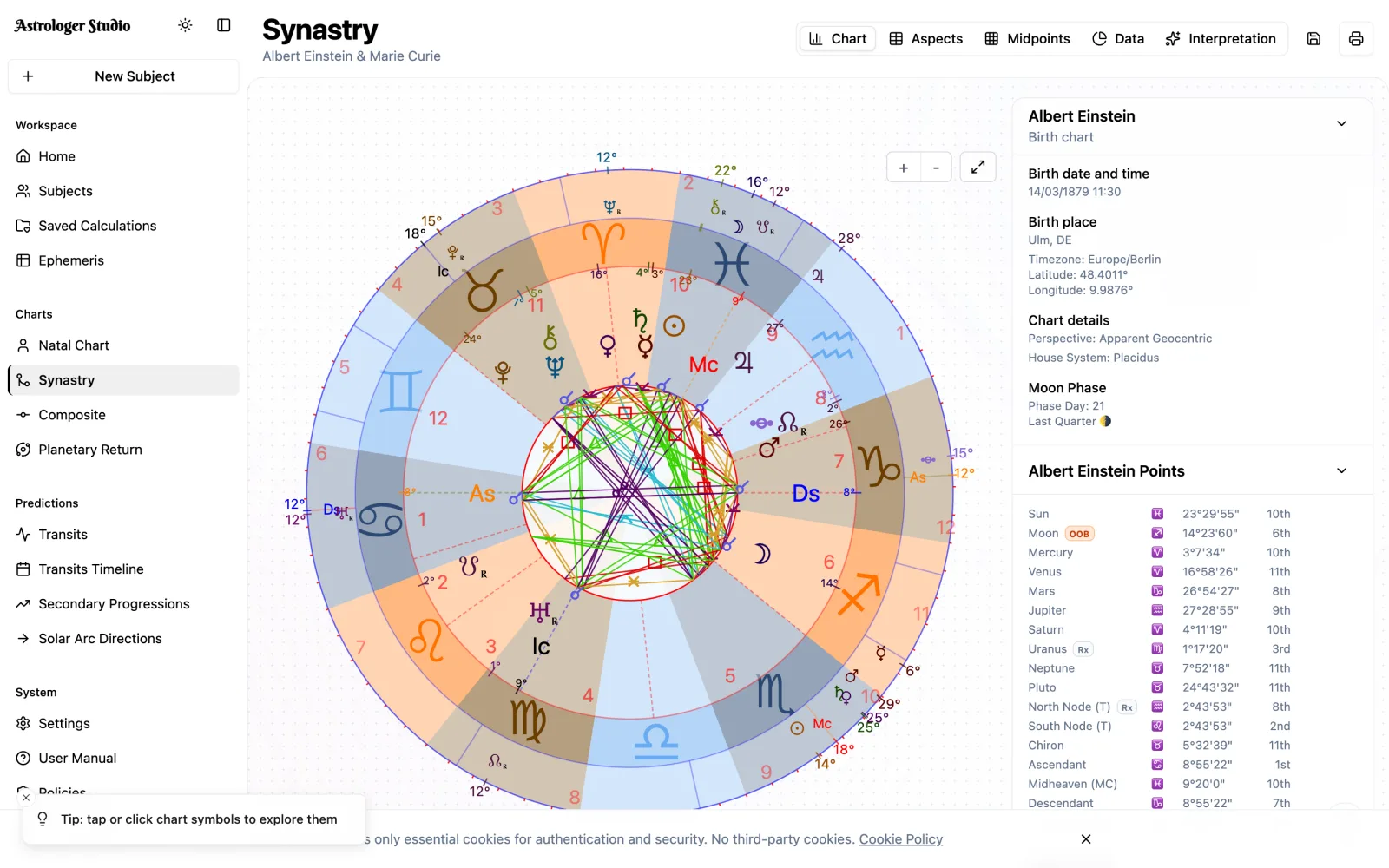 Synastry & Composite — Compare two charts with a clear biwheel and a full cross-aspect grid, or study the relationship itself with a composite midpoint chart.