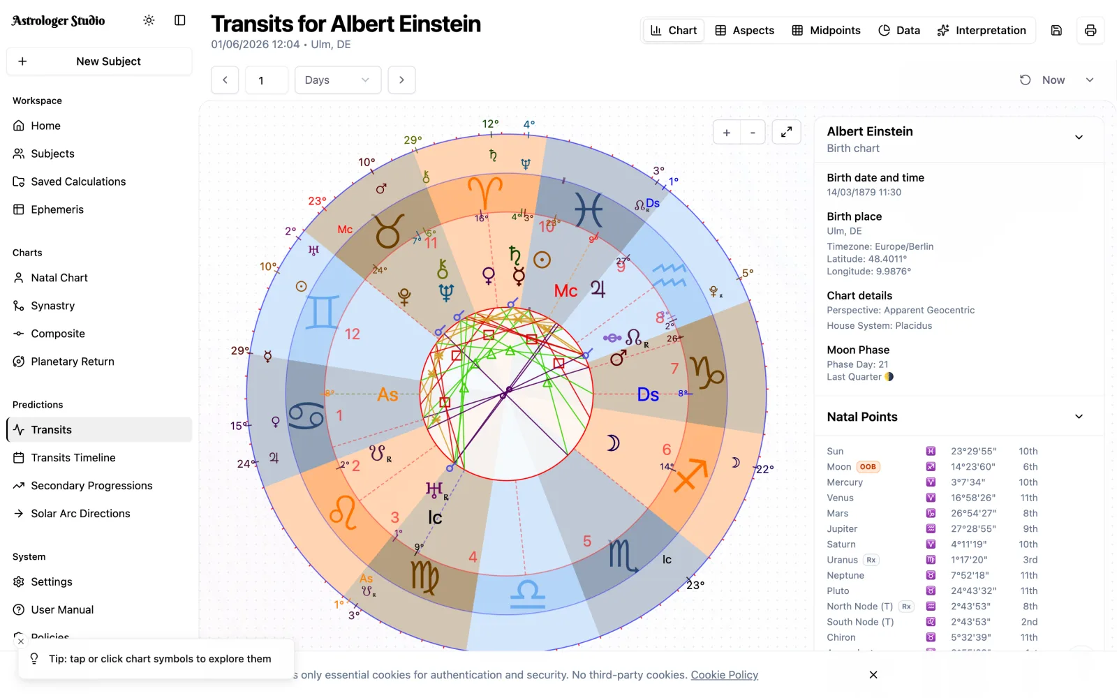 Real-Time Planetary Transits — Overlay current planetary positions on any natal chart and read timing at a glance. Aspect lines, orbs and exact contacts, recalculated instantly for any date.
